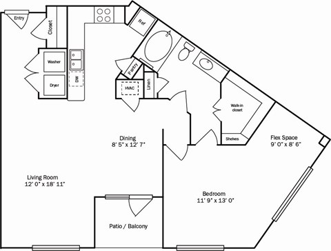 Floor plan for 1 bed, 1 bath, 1012 sqft